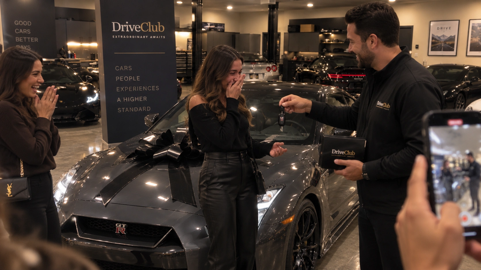 A car key handover beside a Nissan GT-R in the DriveClub showroom
