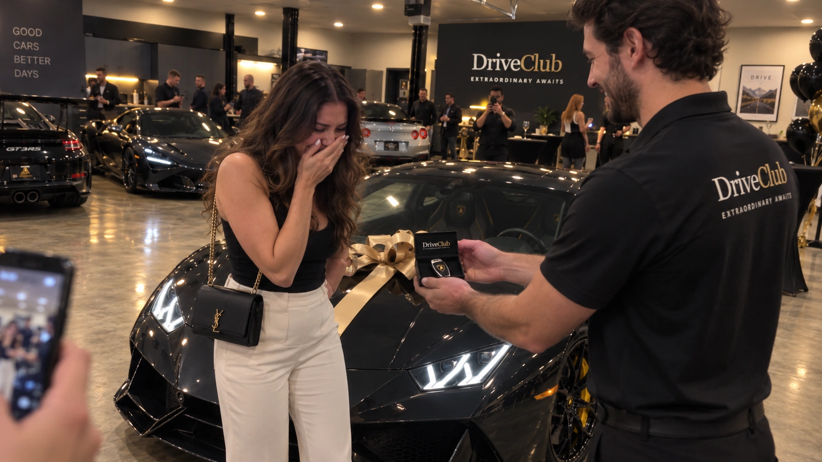 A woman being shown a Lamborghini key beside a car with a gold bow